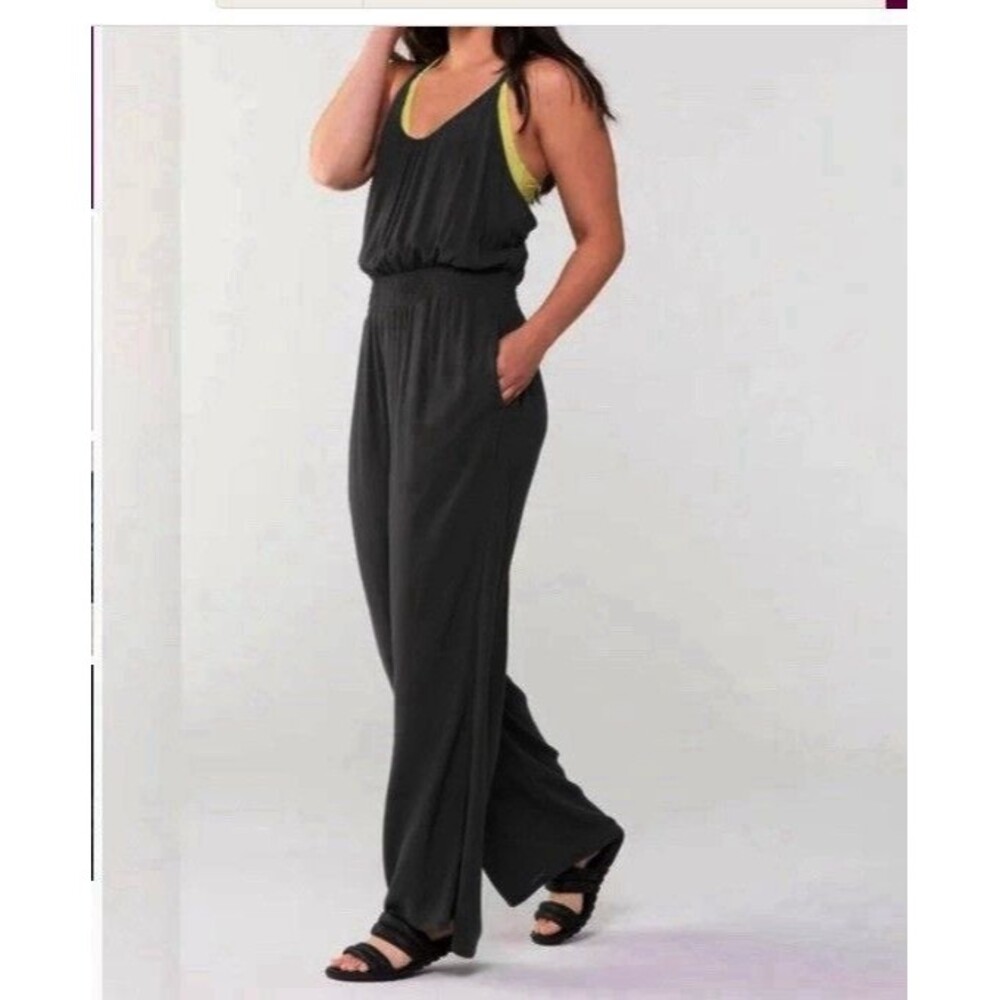 Prana Womens Small Fernie Wide Leg Jumpsuit Black Crinkle Pockets Strappy NEW